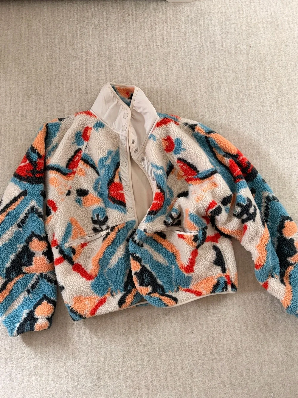 Free People Multi-Color Sherpa Jacket in Cream, Blue, Orange, Red, Black